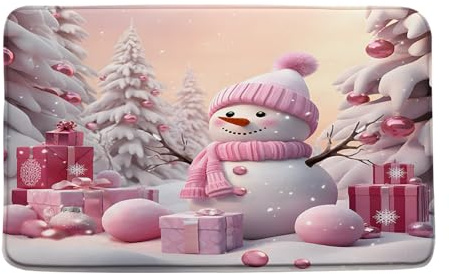 Felpudo Interior Muñeco De Nieve Navideño Rosa, Lindo Muñeco De Nieve, Bola De Navidad, Árbol De Pino Alfombra Antipolvo Resistente Felpudo Entrada para Suelos Garaje 40X60Cm