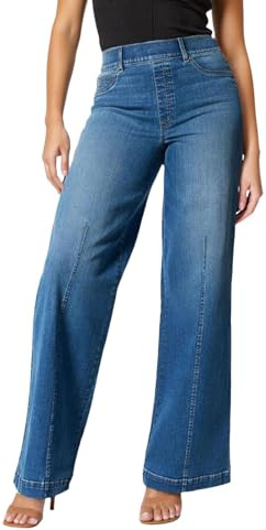 Generisch Pantalones vaqueros de pierna ancha con costura en la parte delantera. Jeans de pierna ancha en la parte delantera. Cintura alta elástica., azul, L