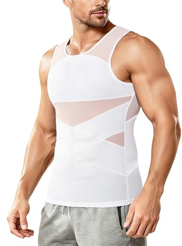 Nebility Compression Shirt Mens Shapewear - Sleeveless Slimming Undershirts Mesh Body Shaper Workout Tank Tops White