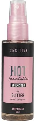 SEXITIVE Bruma Corporal Mujer con Brillo y Feromonas | Aroma Dulce | 60 ml | Body Splash con glitter y purpurina. Aroma dulce de pera, café, jazmín, almendra, vainilla y cedro. Brillo corporal 60 ml.