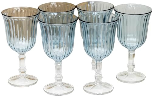 Darthome Vintage Ribbed Wine Glasses, Blue Tinted with Clear Stem, 240ml Capacity, Set of 6, Dishwasher Safe