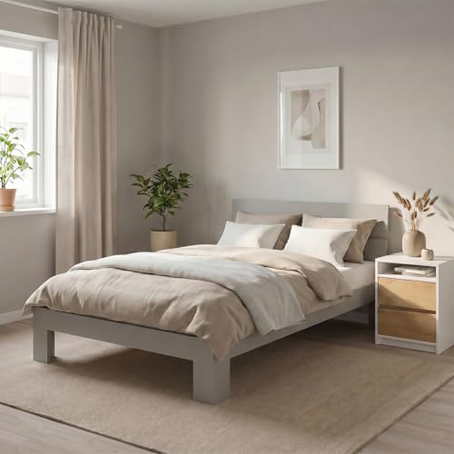 Bellamio Kavir Holzbett 120x200 cm – Massivholzbett mit Lattenrost – Bett aus Kiefer Massivholz in grau lackiert – Bettgestell mit Bettkopf – Stabiler Bettrahmen bis 120 kg – geeignet als Einzelbett