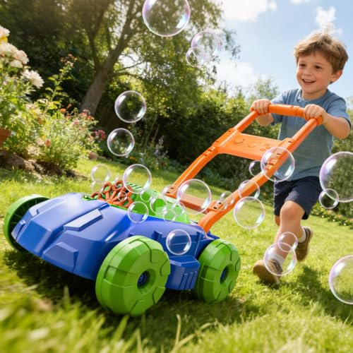 WOANZZ Seifenblasen Rasenmäher für Kleinkinder 1-3 Jahre, Automatische Seifenblasenmaschine mit Musik & 4 Stäbchen, Outdoor Garten Spielzeug Geschenke für Jungen Mädchen 1 2 3 Jahr, Blau