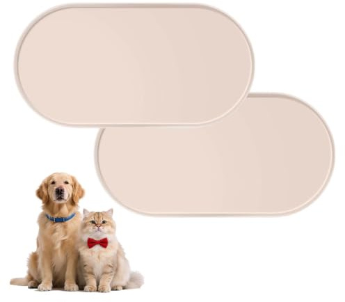 2 Stück Napfunterlage Hund Katzen Silikon Haustiermatte Oval BPA Freie Silikonmatte mit Rand Hundenapf Unterlage Napfunterlage Waterproof Pet Feeding Mat Wasserfeste Futtermatte Beige für Wassernäpfe