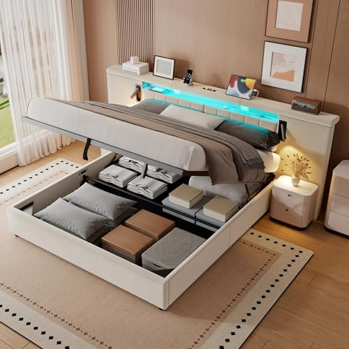 Mydtt Cama 180x200 con LED y USB, Camas Matrimoniales con Almacenaje, Cama Matrimonio con lámpara de Lectura, Cama Canape con Cabecero, Estructura Cama Doble con Somier, Sin Colchón, Terciopelo Beige