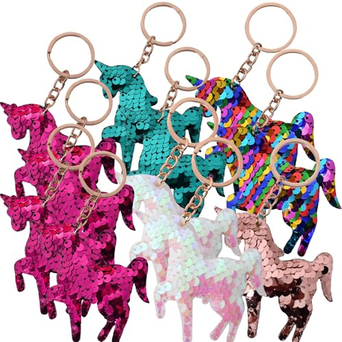 TE-Trend 12 Stück Einhorn Schlüsselanhänger Set – Glitzer Einhorn Anhänger mit Pailletten – Unicorn Keychain Pack – Mädchen Mitgebsel – Einhorn Glitzer Schlüsselring