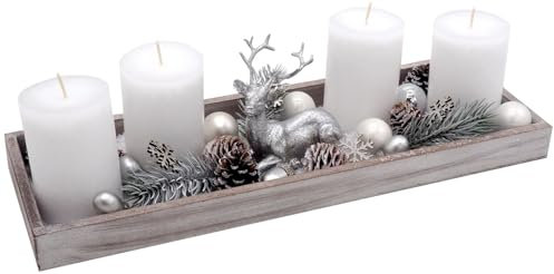 ZauberDeko Adventsgesteck Weihnachten Weihnachtsdeko Tablett Weiß Hirsch Silber Tischdeko Deko