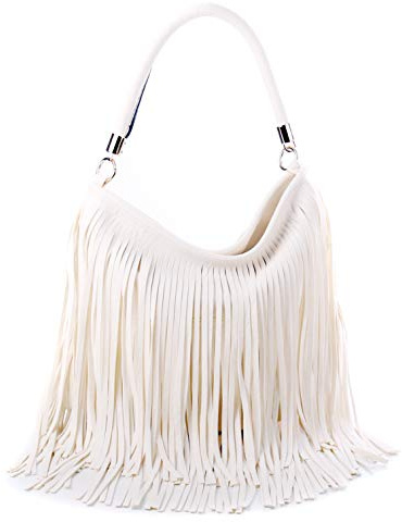 Wedmay, Borsa a tracolla da donna con frange, in morbida pelle sintetica, (Stile 1 - Bianco sporco), Large