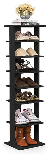 GIANTEX Zapatero Vertical de Madera 8 Niveles, Organizador de Zapatos Compacto Ahorra Espacio, Estantería para 7 Zapatos, Zapatero Estrecho para Entrada, Pasillo (Negro, 28 x 25,5 x 110 cm)