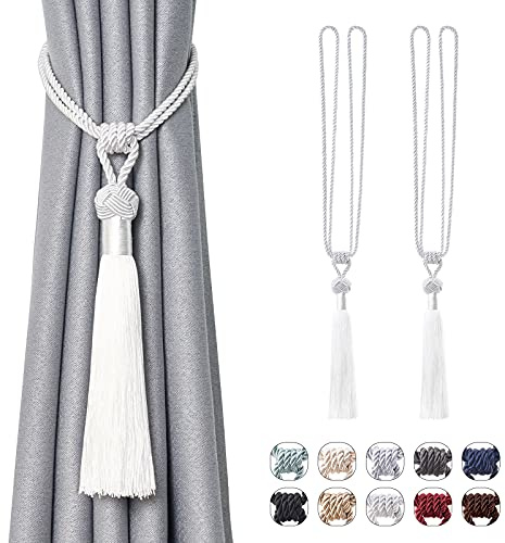 Pretty Jolly Langen Quasten Vorhang-Raffhalter Handmade geflochtene Seil Knoten drapierte Raffhalter Elegante dekorative Vorhanghalter für Zuhause und Büro, Weiß, 2 Stück