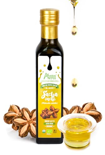 Amazon Andes Organic Sacha Inchi Oil 8.45 fl oz 250ml Glass Bottle - Cold Pressed Extra Virgin - Omega 3 6 9 Fatty Acids - USDA Organic Inca Peanut Oil from Peru - Plant Based Vegan