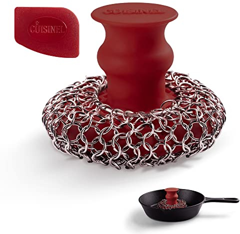 Cuisinel Estropajo de Hierro Fundido + raspador de sartenes – Lujoso Limpiador ergonómico de Acero Inoxidable/Silicona para ollas y sartenes – Diseño de Calidad alimentaria – Fácil de Limpiar
