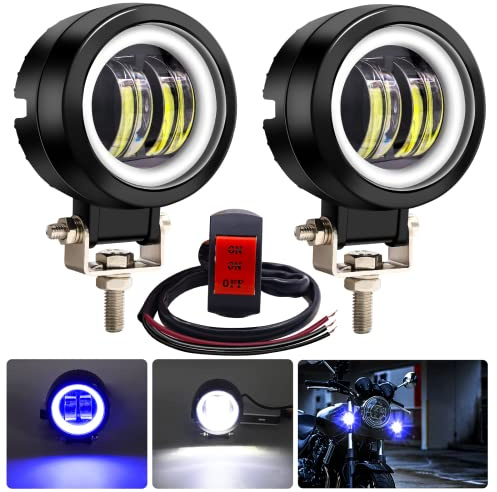 Feux de Conduite de Moto à LED, projecteurs LED à Anneau Halo Rond de 7,6 cm, Feux de Travail supplémentaires 12 V/24 V, Feux de Conduite antibrouillard, Bleu (Interrupteur Inclus)
