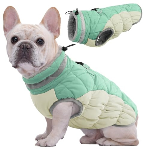 Kuoser Chaqueta de Invierno para Perros con Arnés Abrigo Reflectante e Impermeable para Perros, Chaleco para Clima Frío, Verde Medium