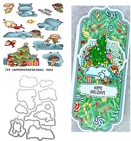 Qoiseys Nilpferd Stempel und Stanzschablonen Set,Clear Stempel und Stanzen Set Basteln Prägeschablone,Silikonstempel Metall Die Stanzen für DIY Scrapbooking Fotoalbum