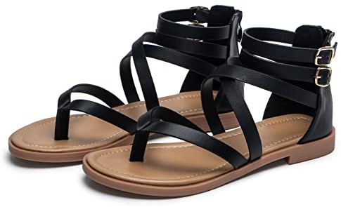 Sandali da donna con cinturino piatto, infradito da spiaggia, sandali romani per le donne, Nero , 39.5 EU