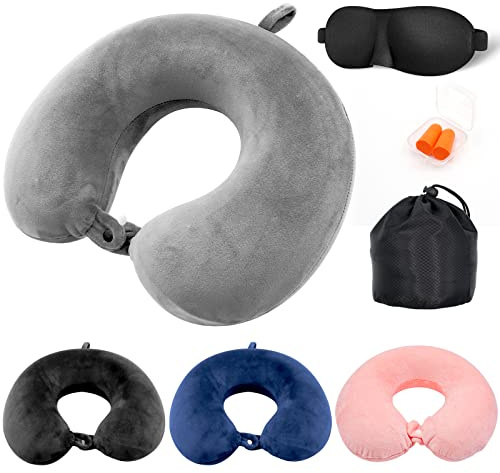 Jmbabe Travel Pillow - Memory Foam Neck Pillow Support Pillow,Luxury Compact & Lightweight Quick Pack for Camping,Washable Neck Support Pillow, Ear Plugs, Eye Mask & Carry Bag