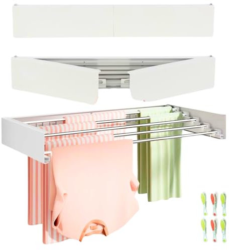 JANDTEK Tendedero Plegable de Pared 80 cm – Tendedero Extensible y Retráctil para Interior y Exterior – Tendederos Plegables de Pared Soporta 30 kg – Incluye Plantilla, Tornillos y 24 Pinzas – Blanco