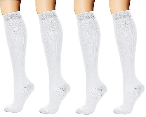 yaxinshi 4 Par blancos Medias de Compresión Calcetines de Compresión 15-20 mmHg para Hombres y Mujeres para, Recuperación, enfermeros, correr, maternidad, embarazo, vuelos, viajes, deportes