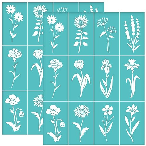 OLYCRAFT 2 stencil autoadesivi per serigrafia, 22 x 28 cm, motivo floreale con stelo, dente di leone, girasole, stencil in rete riutilizzabili per trasferimento fai da te su magliette, pittura su