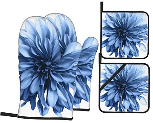 Juegos de Manoplas y Soportes para ollas para Horno, Guantes y agarraderas Resistentes al Calor, 4 Piezas para Hornear Flores de Dalia Azul
