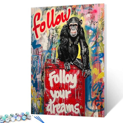Tucocoo Banksy AFFE Malen nach Zahlen für Erwachsene, Street Art DIY Ölgemälde-Kits auf Leinwand mit Pinseln und Acrylpigment, Schimpanse sitzend auf roter Box, Bild für Heimdekoration, 40 x 50 cm
