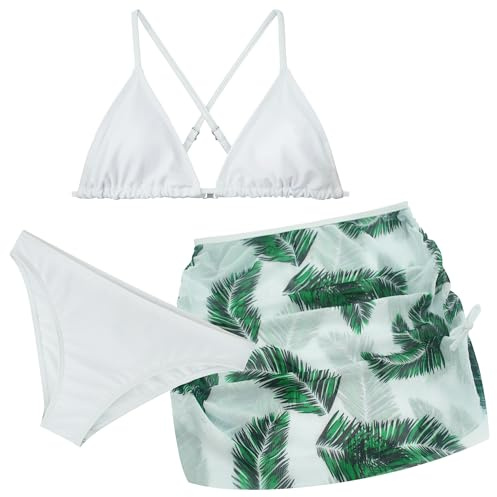 SEAUR Ragazze Gonna Set di Costumi da Bagno Top Bikini con Imbottiture Rimovibili + Slip Bikini + Gonna a Portafoglio da Spiaggia Bianco 10-11 Anni