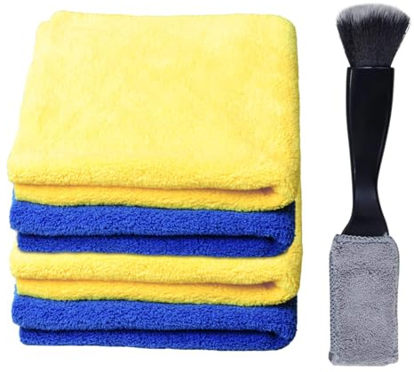 E&C Life Car Cleaning Cloths, Microfibre Cloth Car Cleaning, Polishing Cloth, Microfibre Cloth with Cleaning Brush, Thickened Cleaning Cloth 600gsm 11.8X11.8, 11.8X23.6 Inches,5 Pack