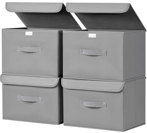 Homsorout Aufbewahrungsboxen mit Deckel, 38 x 25 x 25 cm, Grau, 4er Set | Aufbewahrungskorb Stoff Faltbare, Ordnungsboxen Kleiderschrank Organizer, Für Kleidung, Schrank, Würfelregal, Socken