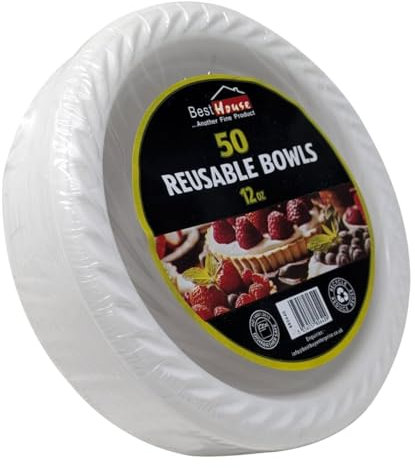Best House Reusable Plastic Bowls - 12 OZ, Washable Tableware and Dinnerware Plastic Bowl, White Plastic Bowls for BBQs, Party, Picnics, & Catering (Pack of 50 PCS)