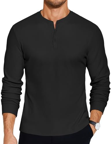 COOFANDY Mens Long Sleeve Henley T-Shirts Basic Thermal Pullover Stretch Tee Shirts Fashion Casual Tops Black