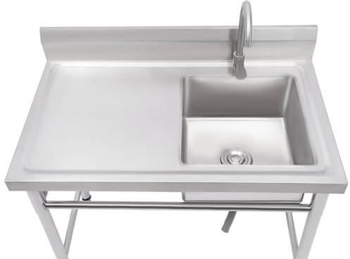 Freistehende Edelstahl Spültisch Gastro 1 Becken, 100X60X93cm Spülbecken Mit Wasserhahn Und Ablaufsieb, Rechter Spültisch Linke Plattform, Für Außen, Innen, Küche, Restaurant