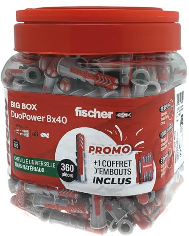 fischer BigBox mit 360 Dübeln für alle Materialien DuoPower 8 x 40 + 1 Bitbox gratis, one Size