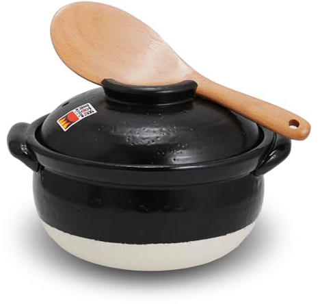 Banko-Yaki Olla de arroz esponjosa, olla arrocera de loza con tapa interior, taza medidora y paleta, Donabe tradicional japonés para arroz cocido uniformemente, arroz mixto y gachas (2 gou/sirve de 2
