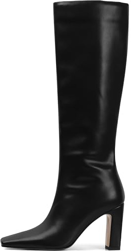 Lovee Cosee Black Leather Boots for Women Knee High Tall Boots for Women Square Toe Chunky Heels Wide Calf Block Heeled Dress Sexy Fashion Trendy Fall Wintern Boots Size 9