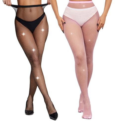 LiiYoang 2 collant a rete scintillanti da donna con strass, collant brillanti per feste, balli, giochi di ruolo, festival, Nero e rosa., Taglia unica