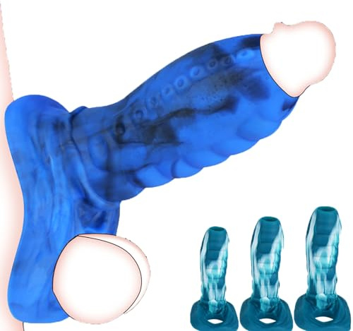 TDLPlus Monster Penishülle Dragon Dildo Penis Sleeve Extender mit Hodenringe Silikon Penismanschetten Penisstrecker zür Penisverlängung Penis Vergrößerung Sexspielzeug für Männer Paare Blau L