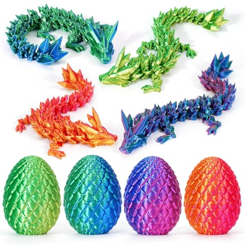 4PCS 3D Printed Dragon Eggs with Dragon Inside, Easter Dragon Eggs, Articulated Crystal Dragon, Mystery Dragon Egg Fidget Toy, 3D Printed Animals Set, Easter Gifts for Kids (NEW-1)