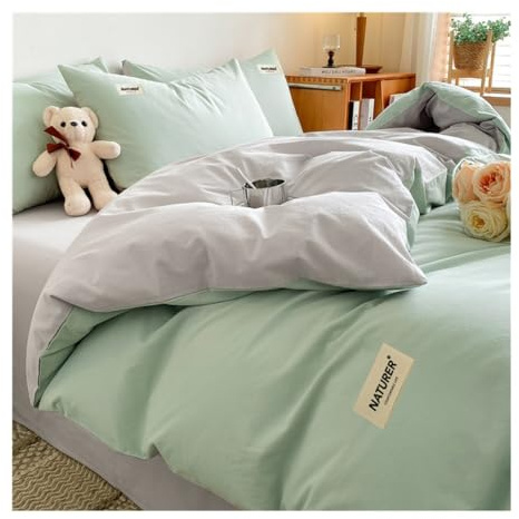 MZP Copri Piumino Matrimoniale Completo Cotone 200x230 Set di Biancheria da Letto Morbido e Traspirante Double Face 4-Pezzi Duvet Cover Lenzuolo con Angoli federe(Green B,Queen)