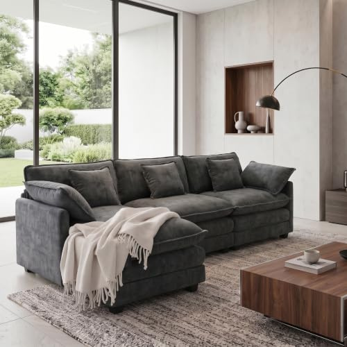 Urhanherry L-Form Cloud Sofa, Modulares Sektionssofa 4-Sitzer mit Ottomane, Modernes Sofa mit Armlehnen/Dekokissen, Atmungsaktivem Chenille-Stoff, L Couch für Wohnzimmer, Dunkelgrau