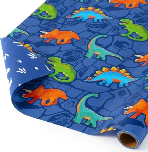 WERNNSAI 1 Rolle Dinosaurier Geschenkpapier 5m x 43cm Wendbar | Dinosaurier Geburtstagsparty Dekoration, Dino Geschenkverpackung für Junge Kinder
