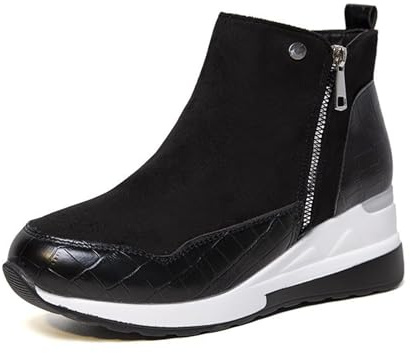 Qgtxf Zapatillas Deportivas de Moda para Mujer Talón Cuña Plataforma Botines de Tobillo Botas Vestido con Cremallera Lateral Zapatos Cómodos Caminar(Black,37 EU)