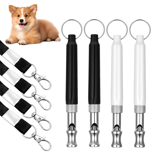 4 Pack Dog Whistles, Adjustable Ultrasonic Silent Dog Whistle Dogs Training Whistle to Stop Barking Neighbors Dogs with Lanyard, Professional Recall Dog-Training Whistles Dog-Whistle (Black and White)