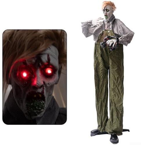 Halloween Zombie, 190cm Großer Zombie, der einen Overall trägt und eine Katze hält, kann die Horrordekoration des ganzen Körpers drehen, Halloween-Dekorationen, Spukhaus, Rasen, Hofdekoration
