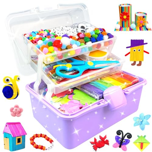 BNUZEIYI 3000Pcs Bastelset Kinder Bastelkoffer 3-Schicht Bastelbox Bastelmaterial Set mit Pfeifenreiniger Basteln & DIY Spielzeug Geschenke für Mädchen Jungen 4-6, 6-8, 8-12 Jahren, Lila