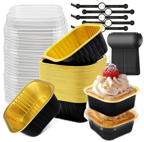 Mini Cake Baking Cups with Lids and Spoons, 50PCS 150ml Mini Loaf Pans | Square Aluminum Foil Baking Pans with Sealing Sticker for Bread Dessert Wedding Birthday Picnic Party(Black Gold)