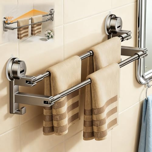 Toallero de 2 niveles, montaje en pared con ventosa, acero al carbono, sin taladrar, longitud extensible para baño, cocina, superficies de pared estándar, esquinas (52-90 cm)