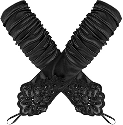 Jurxy 1920er Stil Handschuhe Elastisch Audrey Hepburn Handschuhe mit Spitze und Perlen Fingerlose für Frauen, Hochzeit, Oper, Ball, Fasching, Karneval, Tanzen, Halloween