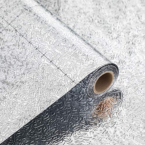 VEELIKE Sticky Back Plastic Roll Aluminum Foil Effect Wallpaper Kitchen Worktop Covering 40cm x 300cm Peel and Stick Vinyl Film Washable Silver Contact Paper for Stove Pot Shelf