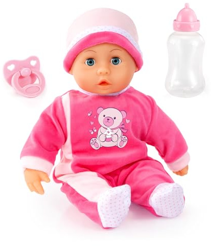 Bayer Design 93824BM Babypuppe interaktiv, Spielpuppe sprechend, weicher Körper, Schnuller, Flasche, 38 cm, Rosa